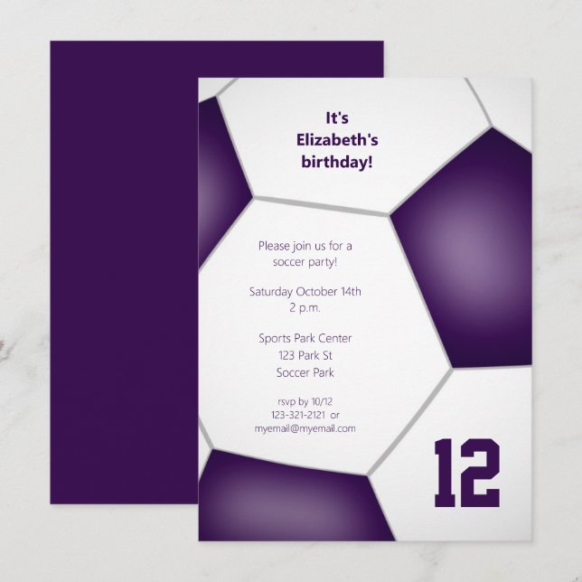 Invitation filles garçons violet soccer fête d'anniversaire s (Devant / Derrière)