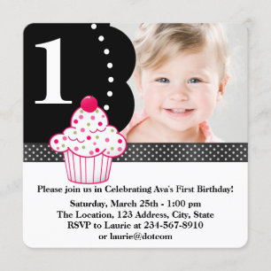Invitation Filles gâteau polka Cupcake Photo 1er anniversaire