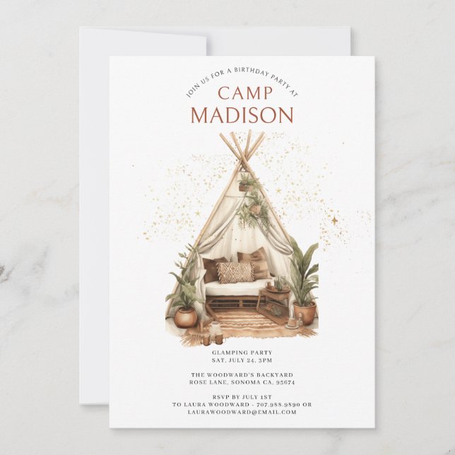 Invitation Filles Glamping Anniversaire Sous Les Étoiles (Devant)