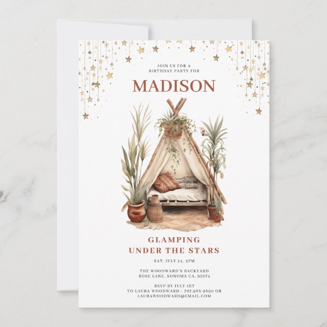 Invitation Filles Glamping Anniversaire Sous Les Étoiles (Devant)