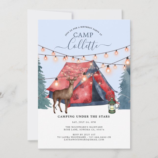Invitation Filles Glamping Camping Anniversaire Fête Invitati (Devant)