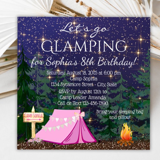 Invitation Filles Glamping fête d'anniversaire (Glamping invitation with cute tent and campfire. Glamping invitation for any event. )