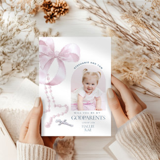 Invitation Filles Godparent Proposition, Pink Bow & Rosary Ca