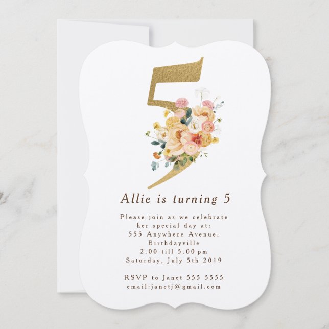 Invitation Filles Gold Floral 5e fête d'anniversaire (Devant)