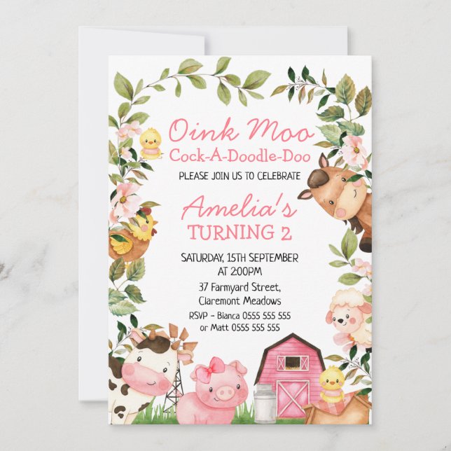 Invitation Filles Grange rose Animaux de ferme du feuillage A (Devant)