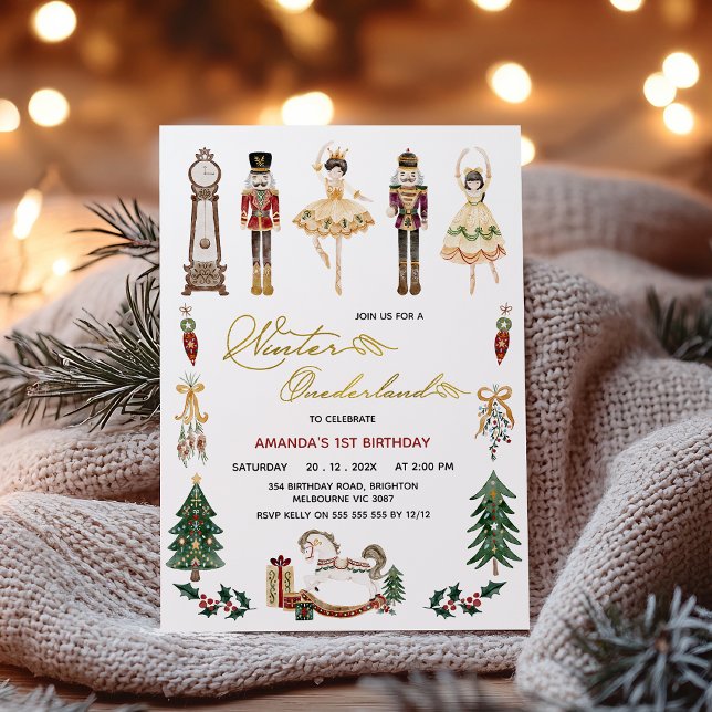 Invitation Filles Hiver Onederland Nutcracker 1er anniversair (Nutcracker Winter Onederland 1st Birthday Invitation, Winter Onederland Nutcracker Ballet Birthday )