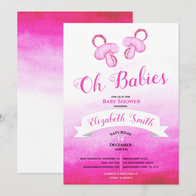 Invitation Filles jumelles aquarelle Baby shower (Devant / Derrière)