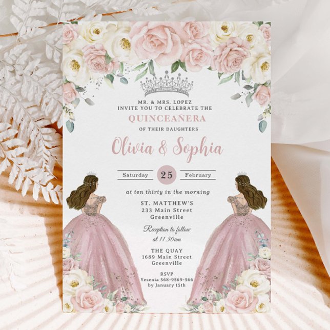 Invitation Filles jumelles blanches rose pâle Quinceañera XV (Créateur téléchargé)