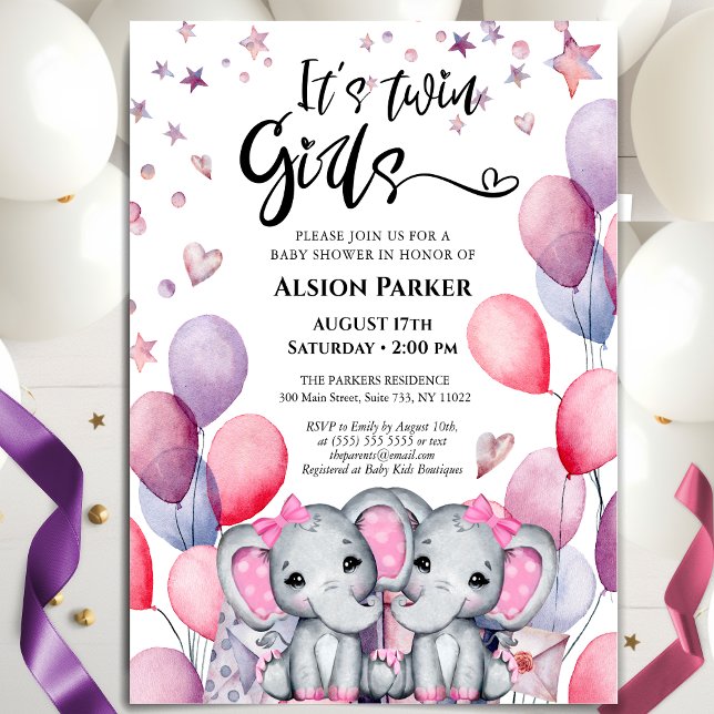 Invitation Filles Jumelles Éléphant Ballons Roses Fête de Nai (Créateur téléchargé)