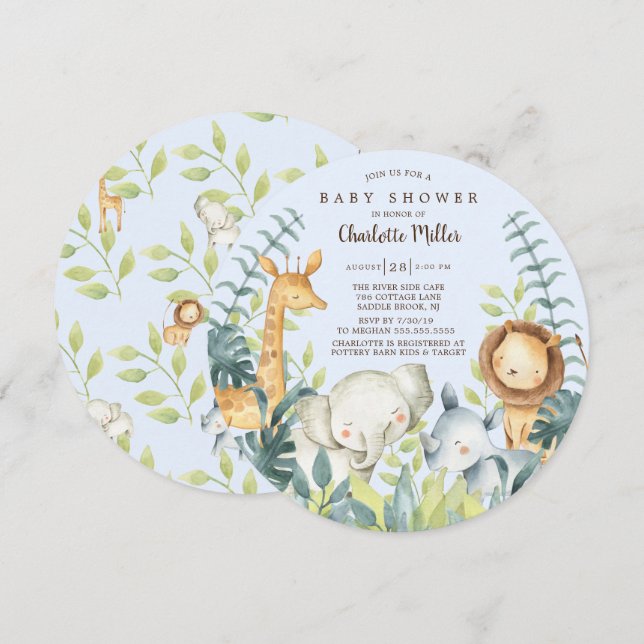Invitation Filles Jungle Animaux Baby shower Garçons (Devant / Derrière)