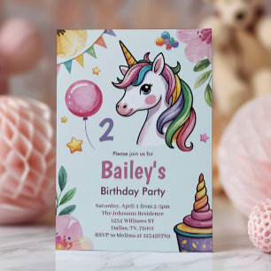 Invitation Filles Mignon Licorne Pastel Enfants 2ème Annivers