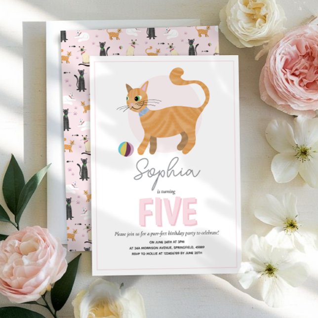 Invitation Filles mignonne Anniversaire de enfant de chat ros (Créateur téléchargé)