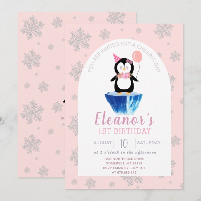 Invitation Filles mignonne Penguin hiver rose Anniversaire (Devant / Derrière)
