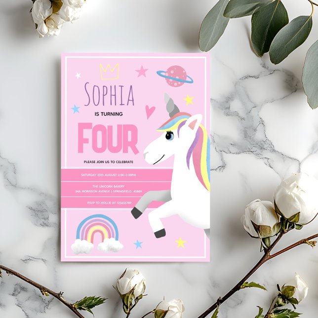 Invitation Filles mignonne rose licorne Enfants 4e anniversai (Créateur téléchargé)