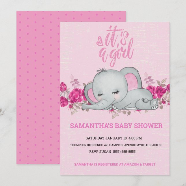 Invitation Filles mignonnes Bébé Eléphant Dormir Floral Rose (Devant / Derrière)