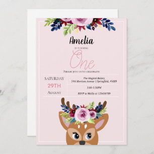 Invitation Filles mignonnes Cerf Rose Floral 1er Fleurs d'ann