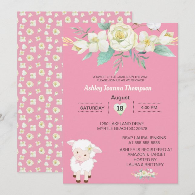 Invitation Filles mignonnes Lamb Floral Baby shower Invitatio (Devant / Derrière)