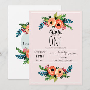 Invitation Filles mignonnes rose 1er Anniversaire Fleurs d'aq