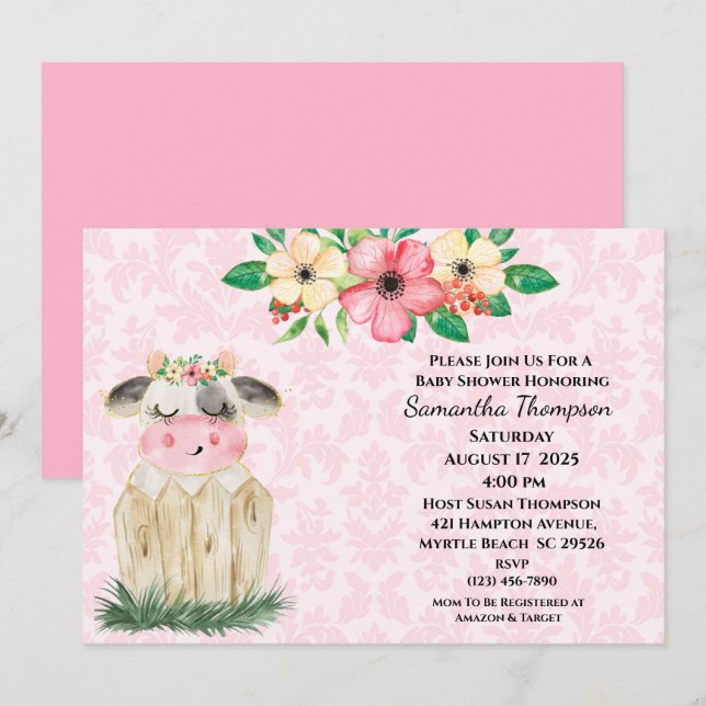 Invitation Filles mignonnes Rose Floral Vache Baby shower Inv (Devant / Derrière)