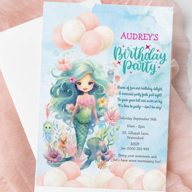 Invitation Filles mignonnes sous la mer Sirène Anniversaire I (Whimsical Mermaid Birthday Invitation - Pink & Blue Under the Sea Party - Cute Girl Kids Invite)