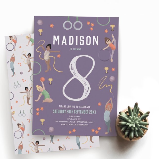 Invitation Filles Moderne Purple Gymnastique Anniversaire de  (Créateur téléchargé)