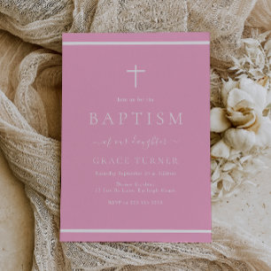 Invitation Filles modernes Baptême rose Bordure blanche
