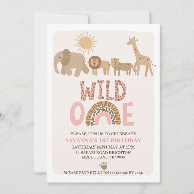 Invitation Filles modernes Safari Wild One 1er anniversaire (Devant)