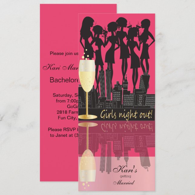 Invitation Filles Night Out, Bachelorette Party - Rose chaud (Devant / Derrière)