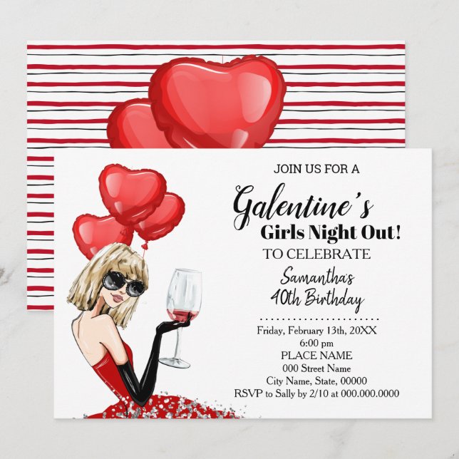 Invitation Filles Night Out Galentine's Birthday Party Bash (Devant / Derrière)