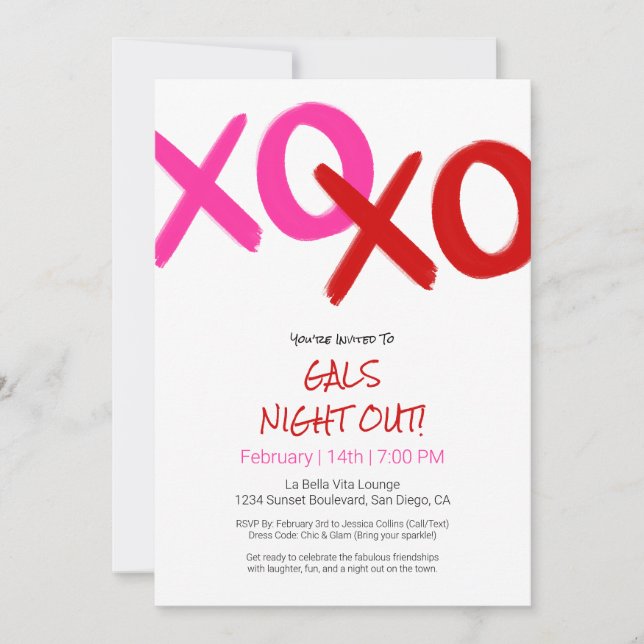 Invitation Filles Night Out mignonne Red XOXO Galentine Day P (Devant)