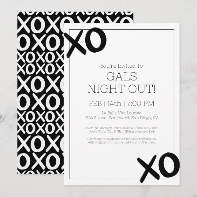 Invitation Filles Night Out XOXO Black White Galentine Party (Devant / Derrière)