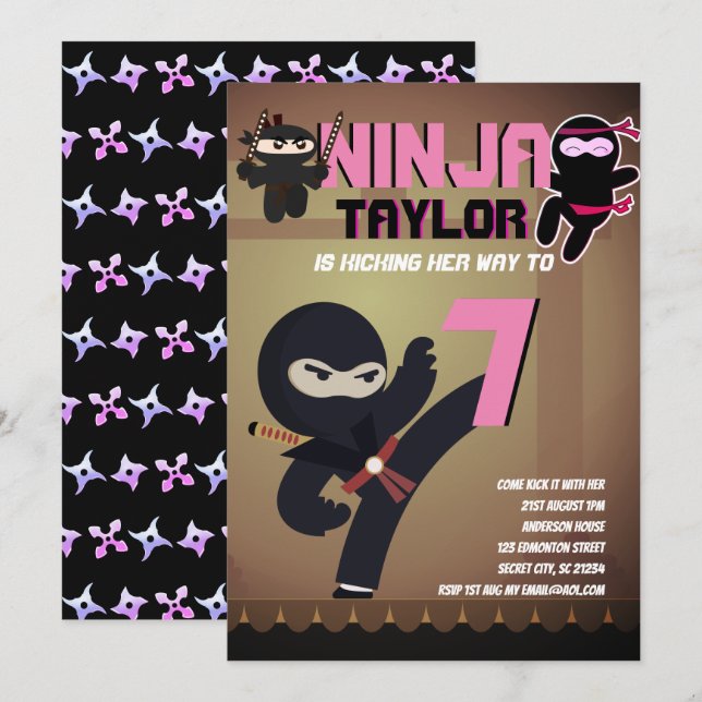 Invitation Filles NINJA MOVIE STAR WARRIOR Dessin Party (Devant / Derrière)