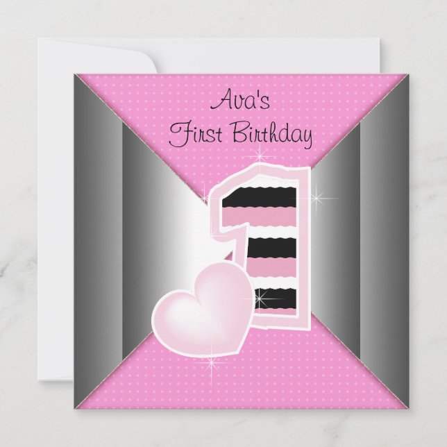 Invitation Filles noires roses 1er anniversaire (Devant)
