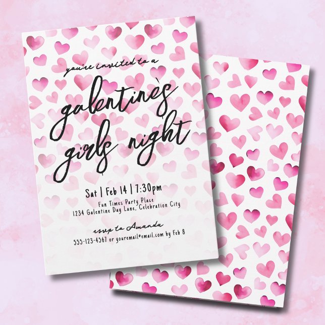 Invitation Filles Nuit Aquarelle Coeurs de la Saint-Galentin (Girls Night Watercolor Hearts Galentine's Day Invitation)