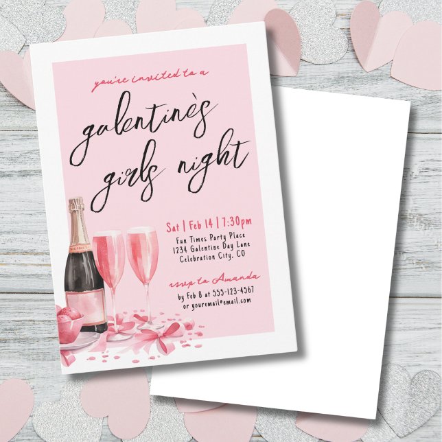 Invitation Filles nuit Champagne rose Fête de la Saint-Galent (Girls Night Pink Champagne Galentine's Day Invitation)