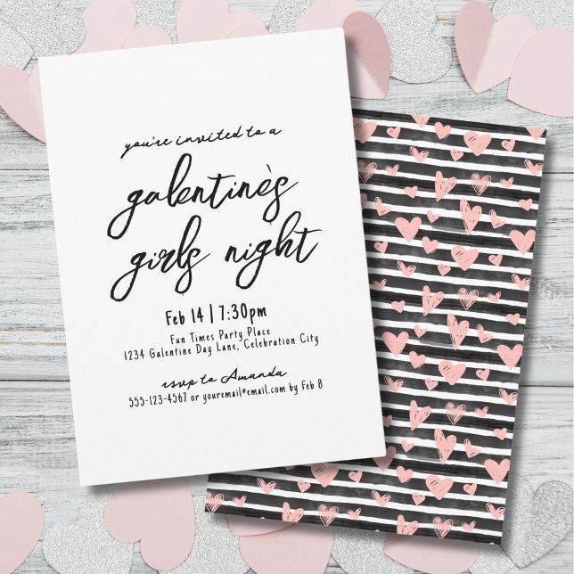 Invitation Filles Nuit Coeurs manuscrits de la Saint-Galentin (Girls Night Handwritten Hearts Galentine's Day Invitation)