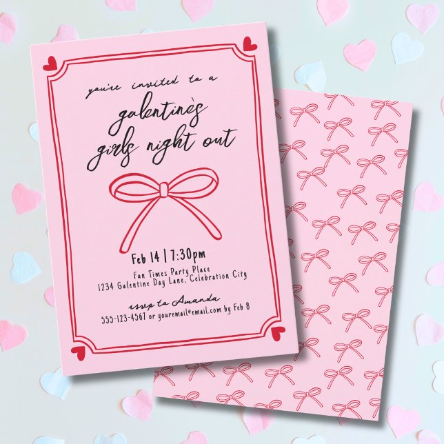 Invitation Filles Nuit Rose et Rouge Saint-Galentin (Girls Night Pink And Red Galentine's Day Invitation)