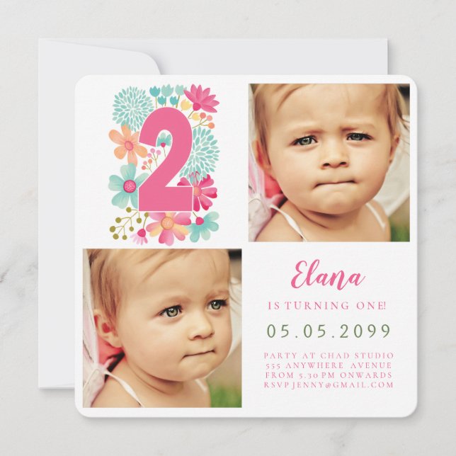 Invitation Filles Numéro 2 2e anniversaire Année Photo (Devant)