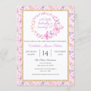 Invitation Filles papillon rose et violet fête d'anniversaire