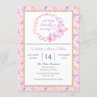 Invitation Filles papillon rose et violet fête d'anniversaire