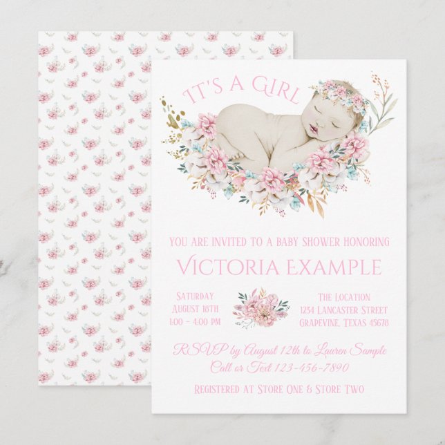 Invitation Filles Pastel Aquarelle Baby shower Floral (Devant / Derrière)