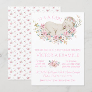 Invitation Filles Pastel Aquarelle Baby shower Floral