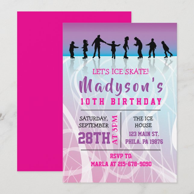 Invitation Filles Patinage ICE SKATING anniversaire de fête I (Devant / Derrière)