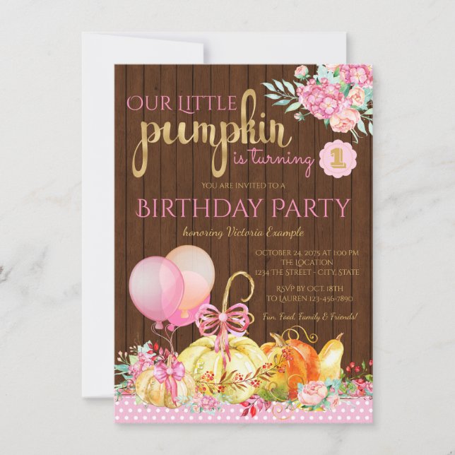 Invitation Filles Petit Citrouille Bois rustique 1er annivers (Devant)