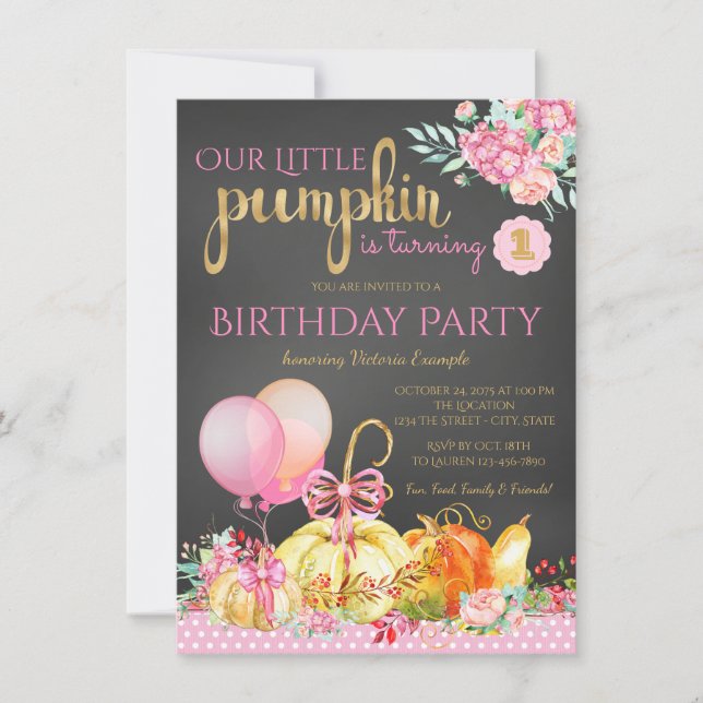 Invitation Filles Petit Citrouille Chalkboard 1er anniversair (Devant)