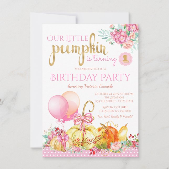 Invitation Filles Petit Citrouille Premier anniversaire (Devant)