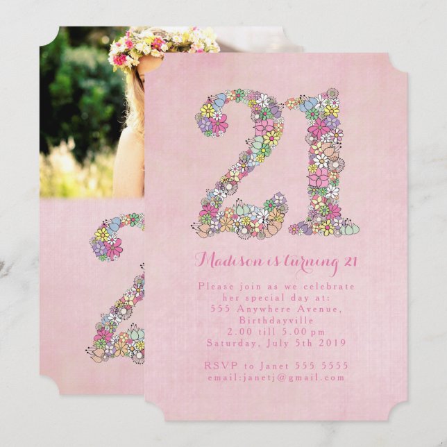 Invitation Filles Photo 21e fête d'anniversaire rose de la fl (Devant / Derrière)