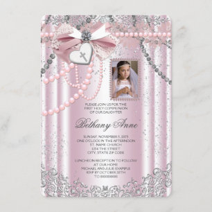 Invitation Filles Photo Croix Rose Première Communion
