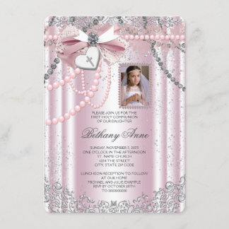 Invitation Filles Photo Croix Rose Première Communion