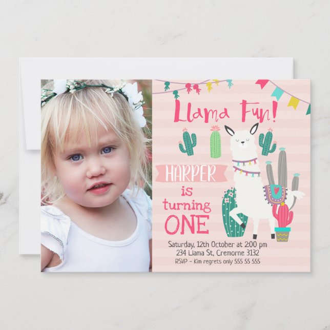 Invitation Filles Photo Llama Amusants Anniversaire Invitatio (Devant)